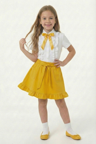 nacar çarşı Cămașă cu volane și fundă galbenă pentru fetițe, cu buzunare, fus...
