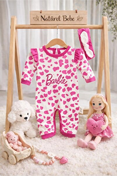 NATÜREL BEBE GİYİM KIZ BEBEK TULUM BARBİE BASKILI BANDANALI