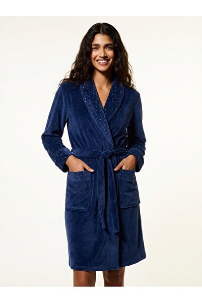 cotonhause Women's Velvet Shawl Collar Long Sleeve Pockets 100% Cotton Navy B...