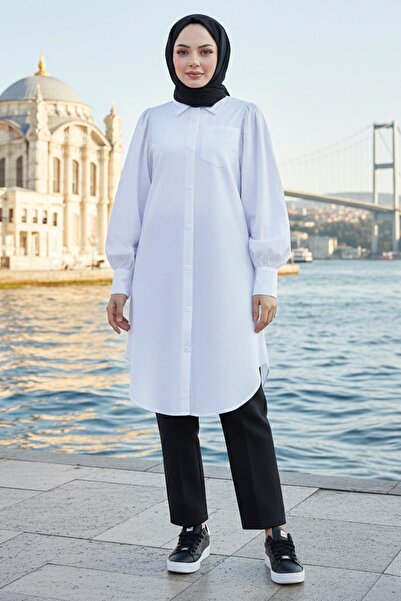 hafsamina Balloon Sleeve Pocket Tunic White Hm2871