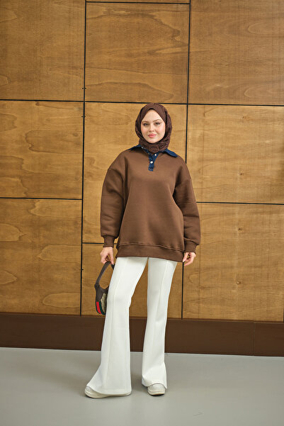 LOCCO Γυναικείο κολάρο τζιν με λεπτομέρεια σε καφέ χρώμα