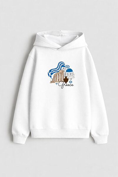 MODA Λευκό παιδικό φούτερ με κουκούλα με σημαία της Ελλάδας με τύπωμα