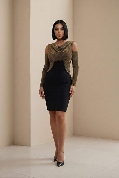 ALFUDO Moda Collection Degaje Neckline Off-The-Shoulder Long Sleeve Black Eve...