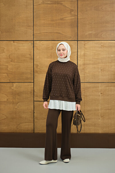 LOCCO Women's Pleated Waist Stone Detailed Two-Piece Set Brown