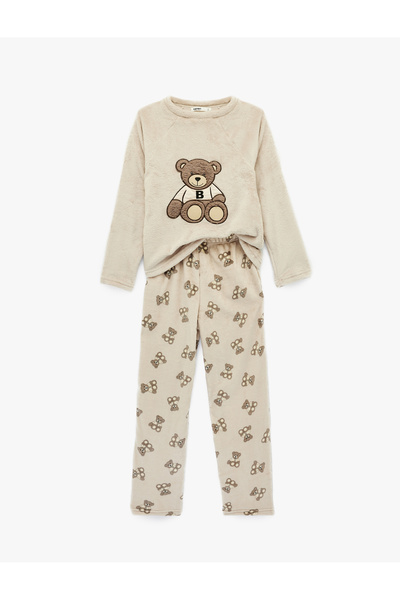 Koton Long Sleeve Crew Neck Teddy Bear Detailed Fleece Pajama Set