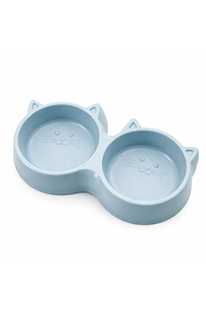 OEM Double Cat Bowl, Cat Design, Plastic, Blue, Non-Slip