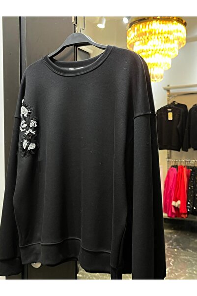 Butik Boncuk İşlemeli Modal Sweat Siyah