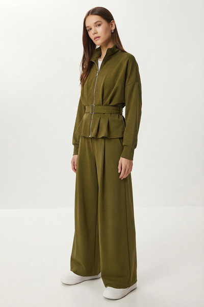 Lovelyİstanbul Belted Top and Bottom Modal Set Lby0024 Olive Green