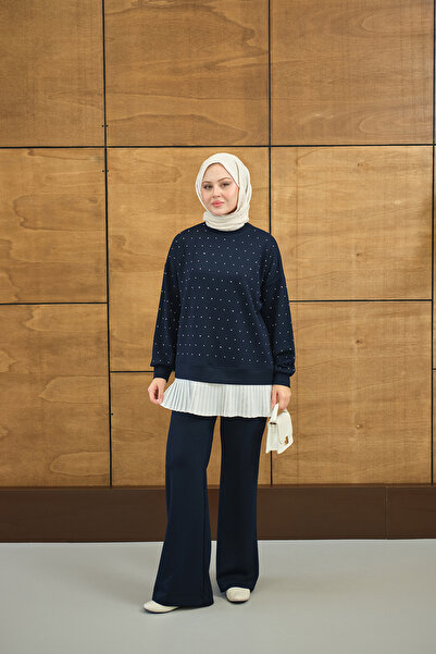 LOCCO Women's Pleated Waist Stone Detailed Two-Piece Set Navy Blue