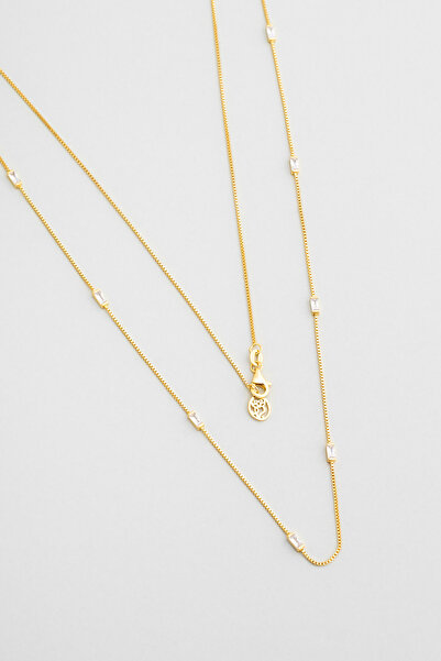 So CHIC... Beyaz Taşlı 18 Ayar Sarı Altın Kaplama 80 Cm Gümüş Baget Kolye