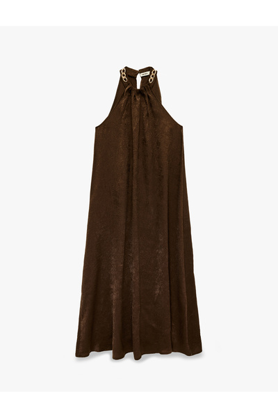 Koton Textured Long Halter Neck Satin Dress with Metal Accessory Detail