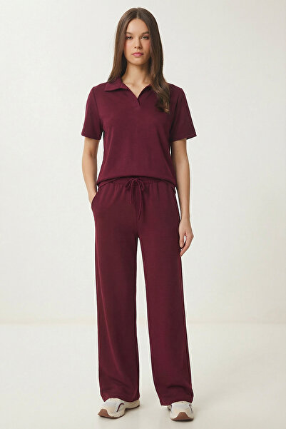 Lovelyİstanbul Polo Neck Flexible Knitted Top and Bottom Set Lby0038 Mürdüm