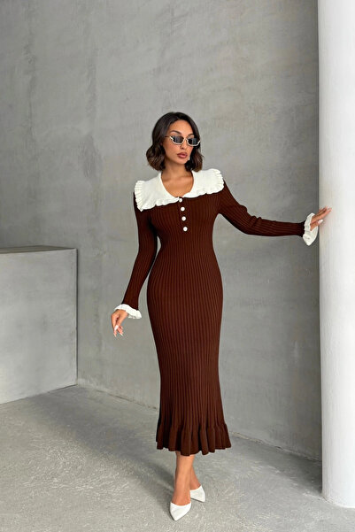 URİS Women's Brown Stylish Collar Detailed Midi Length Knitwear Dress