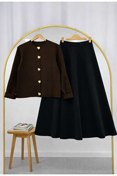 MODA VEDAT Women's Button Detailed Knitwear Cardigan - Puff Scuba Skirt Set