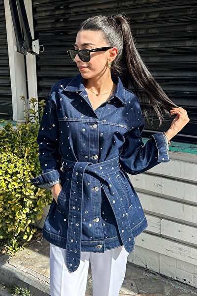 LEVURE Beli Kuşak Detay Zımbalı Kot Ceket - Koyu Mavi KOYU MAVİ