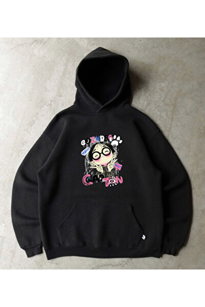 ELNOYA سويت شيرت مريح بأكمام طويلة للجنسين باللون الأسود مكون من مطبوع خيوط م...