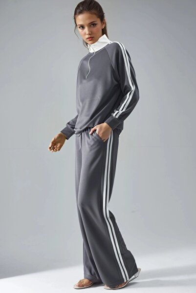 Hiccup Modal Textured Zippered Collar Striped Wide Leg Two-Piece Suit Berşan ...