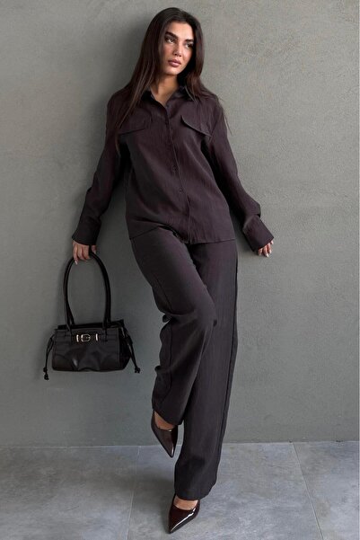 Madmext Set cămașă pentru femei din țesătură tensil maro cu nasturi Mg2621