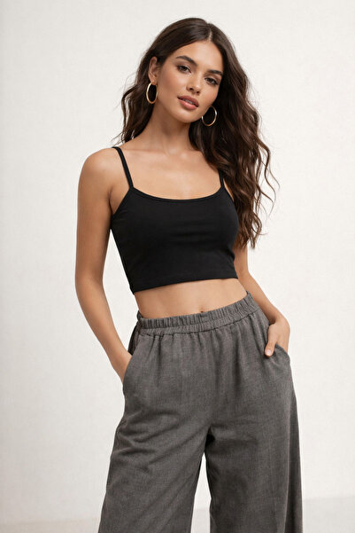 WILD BEE Women's Black Strappy Crew Neck Crop Tank Top