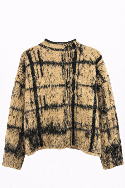 Mixray 2046 Women's Patterned Mock Neck Oversized Knitwear Sweater Camel