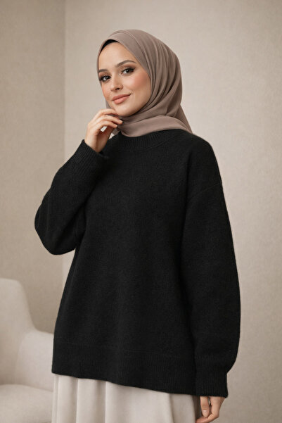 Kirazgym Women's Mock Neck Yumoş İp O Oversized Casual Knitwear Sweater - Black