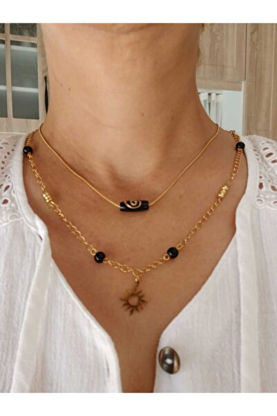 chibi Black & Gold Bohemian Design Double Row Necklace Sun Dangle & Spiral Pa...