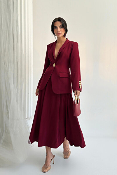 Potenza Women's Suit One Button Detail Mock Neck Blazer Jacket Long Bell Skir...