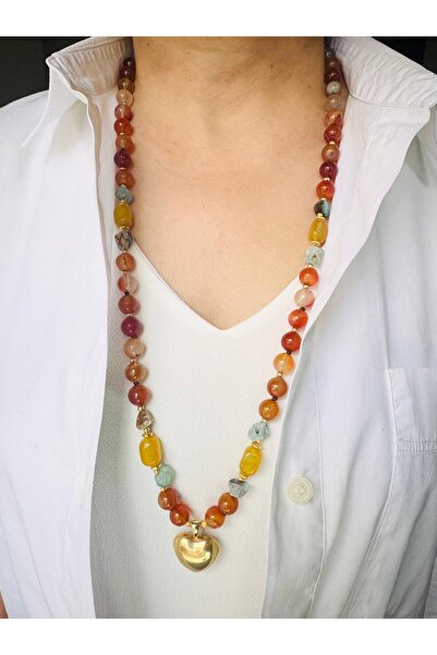 DEVİ fashion Agate Natural Stone Steel Heart End Knitted Long Necklace 80 cm