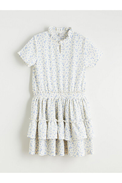 LC Waikiki Εκρού φόρεμα για κορίτσια με όρθιο γιακά και λουλούδια