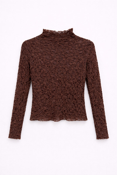 Mixray 2037 Women's Lace Mock Neck Long Sleeve Transparent Blouse Coffee