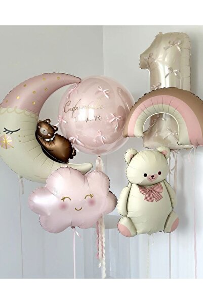 Çemrek Süs Parti 1 Year Old Baby Girl Foil Balloon Set Bear Moon Cloud Rainbo...