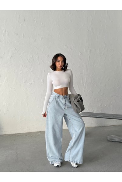 blue wings denım co. Ice Snow Front and Back Paddled Wide-Leg Jeans