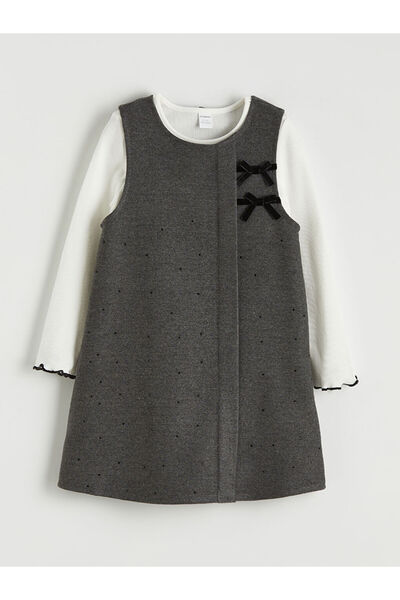 LC Waikiki Antrasit Bisiklet Yaka Kız Çocuk Salopet Elbise ve Tişört