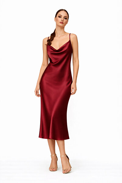 codemark Kadın Bordo İnce Askılı Degaje Yaka Saten Midi Elbise