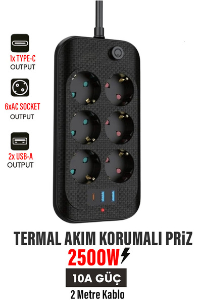 EXENAR Yüksek Akım Korumalı 6’lı Grup Priz Kablolu 2M Priz 2 USB-A 1 Type-C G...