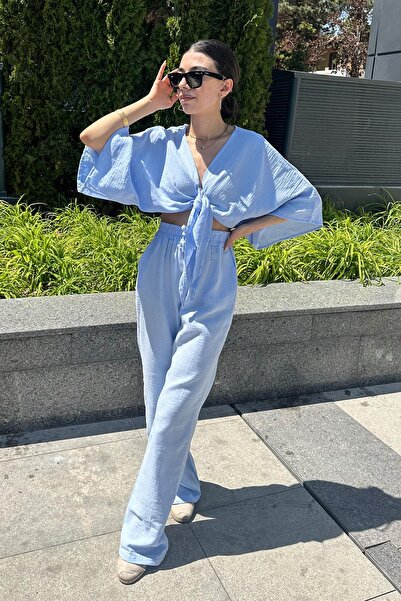 LEVURE بنطلون موسلين بخصر مطاطي - أزرق فاتح LIGHT BLUE