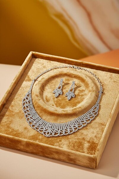 Rafi Lüks Kristal Taşlı Dantel Model Gerdanlık ve Küpe Seti - Işıltılı Özel G...