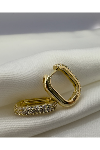 Samu Accessories Taşlı Köşeli Halka Küpe - Golden Rectangular Pave
