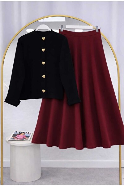 MODA VEDAT Women's Button Detailed Knitwear Cardigan - Puff Scuba Skirt Set