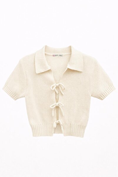 Mixray 2045 Women's Biritli Short Sleeve Polo Neck Knitwear Cardigan Natural