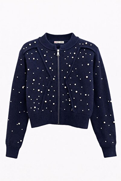 Mixray 2044 Women's Pearl Detailed Patterned Knitwear Cardigan Navy Blue