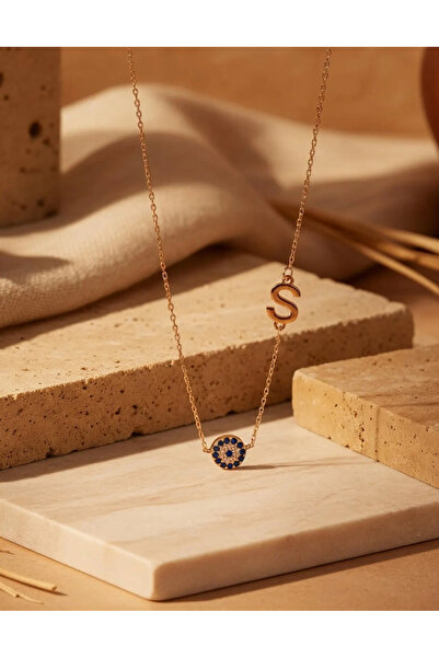 MSMODAM SILVER 925 Ayar Gümüş Kişiye Özel Nazar Boncuklu Yan Harf Kolye Gold ...