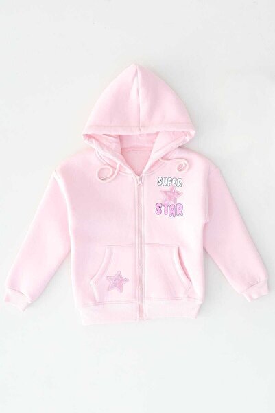 Alf Girl's Pink Zippered Hooded Sweatshirt - Super Star Printed Inside Ş Flee...