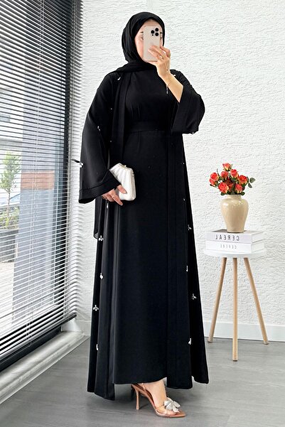 MELEK ARAZ Stone Embroidered Double Abaya Set - Black