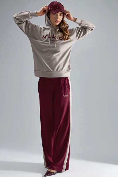 Hiccup Modal Textured Hooded Embroidered Long Wide Leg Double Suit Berşan Col...