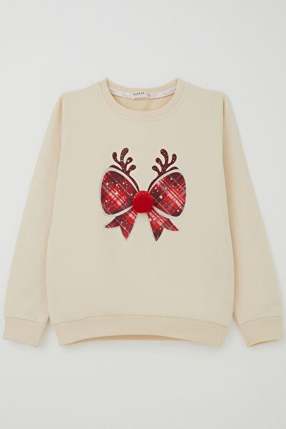 Breeze Детска блуза с помпони и коледна панделка, възраст 6-12 години, кремава