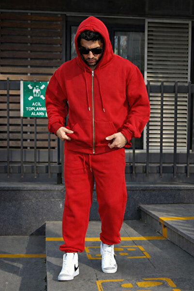 YAKAMEL Men's Zippered Hat 3 Thread Ş Fleece-Lined Tracksuit Set