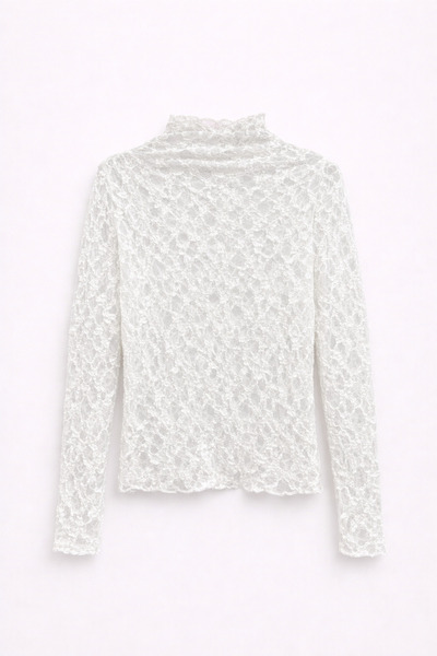 Mixray 2037 Women's Lace Mock Neck Long Sleeve Transparent Blouse White