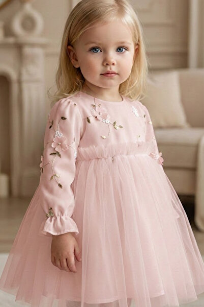 ALYRA Rochie pentru fetiță, cu mâneci lungi, tutu din tul, cu flori 3D, zi sp...