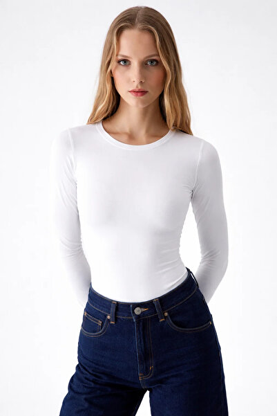 COMBİNE MİCHAİL Women's Crew Neck Basic Tight Ecru T-Shirt